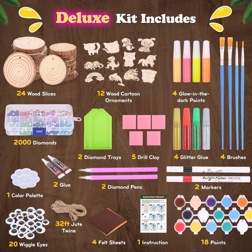 Kids Education Activities - 暗闇で光る木製ペイントキット、DIY未完成木製スライスアートクラフトセット、ホームスクールアクティビティ用教育玩具