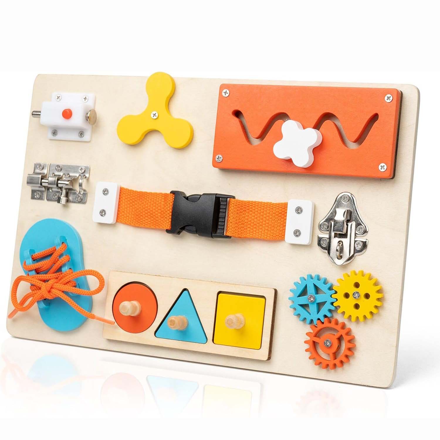 Kids Educational Box - モンテッソーリ ビジーボード 幼児用 木製アクティビティ感覚ボード 微細運動能力向上 旅行用