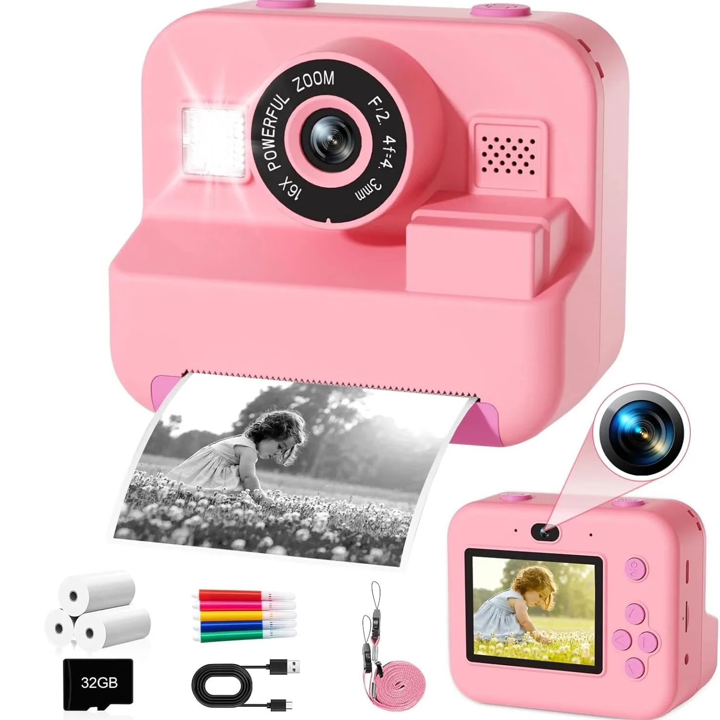 Kids Education News - Newインスタントプリントカメラ 32 グラムカード付き熱写真印刷デジタル子供カメラビデオ写真教育玩具キッズギフト