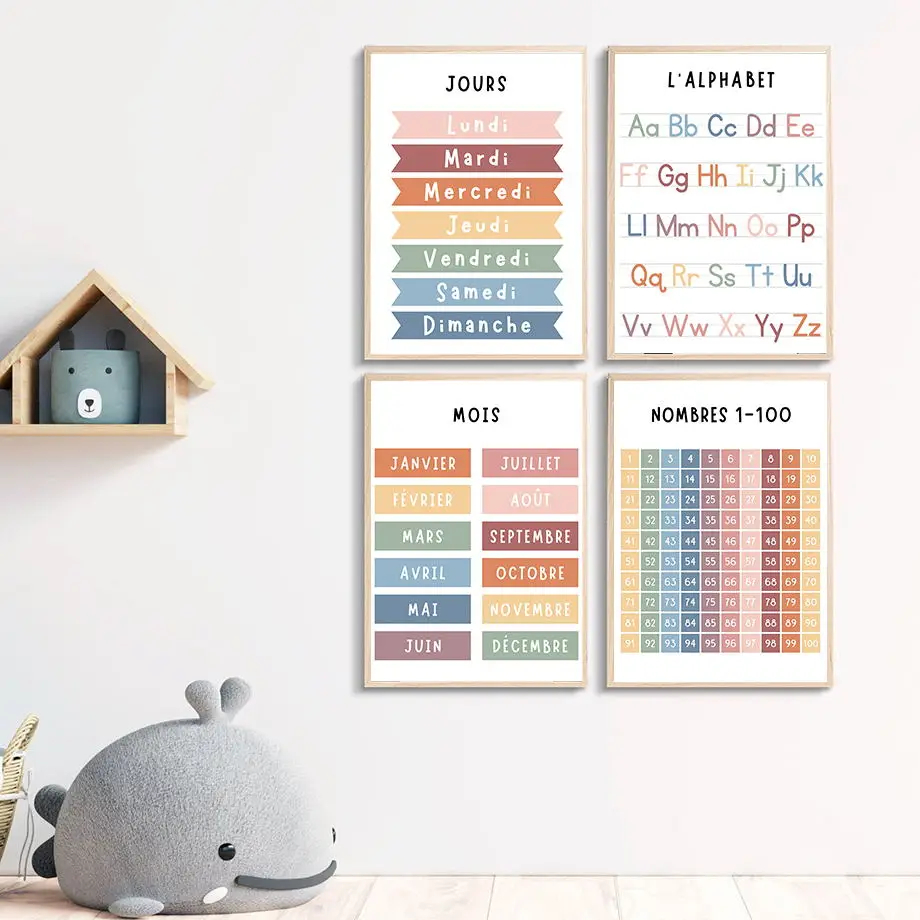アルファベットとフランス語の数字のキャンバス絵画,教育アート - Kids Educational Posters のレビューと価格